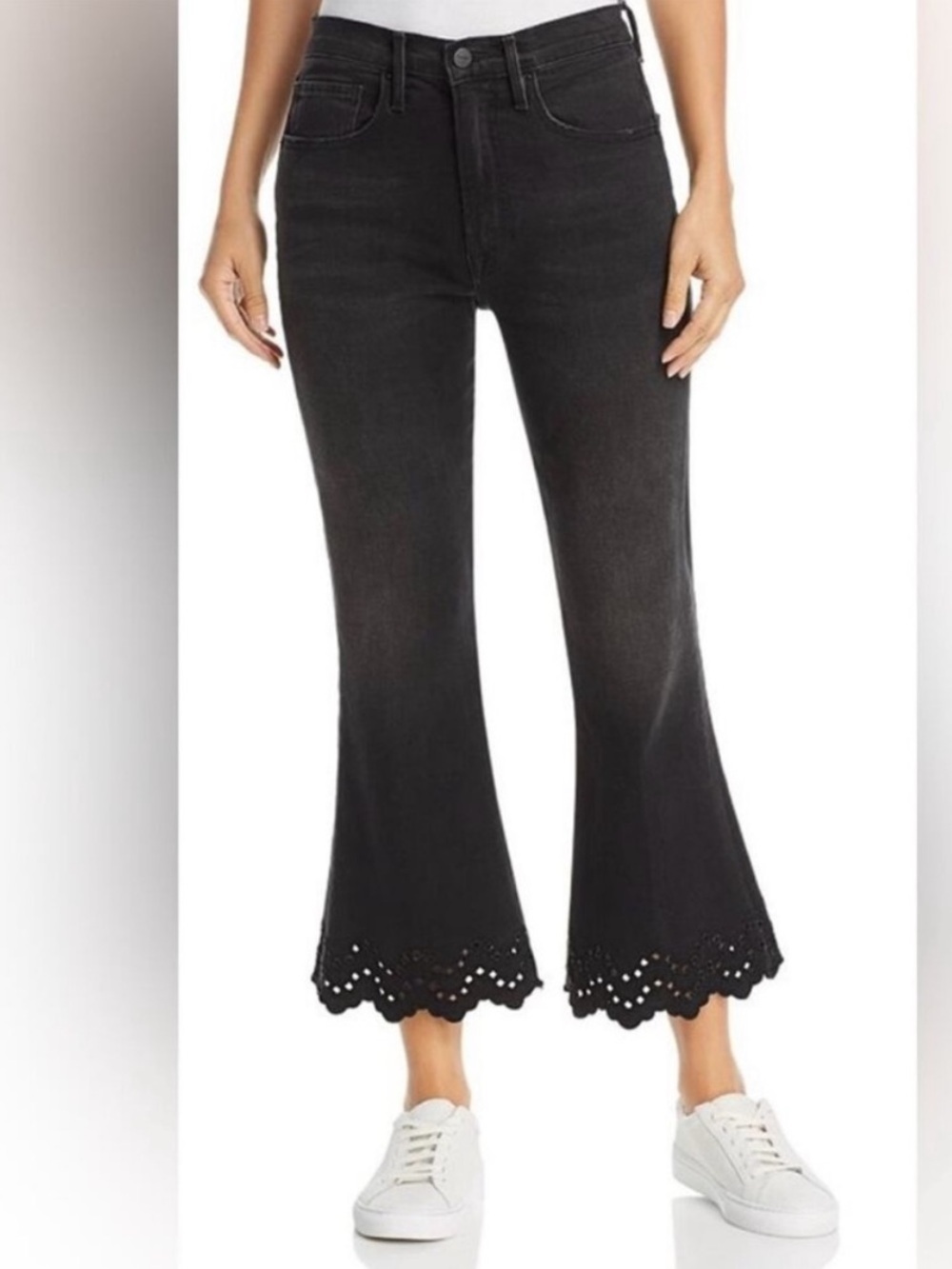FRAME Black Eyelet Scalloped Hem Cropped Flare Zip Fly Denim Jeans Size 29